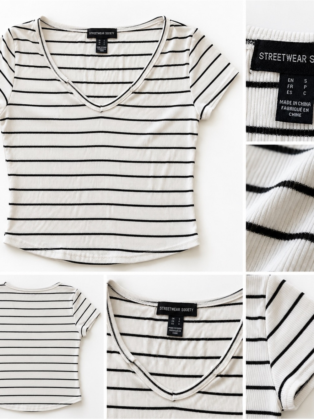 Streetwear Society White & Black Striped V-Neck Crop Tee